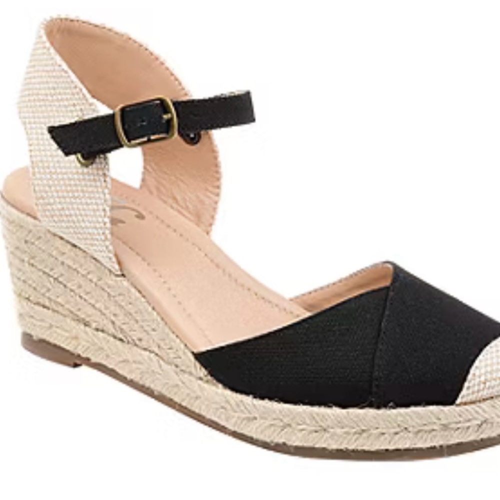 Women's Black and Cream Wedge Sandals